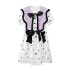 Short-sleeve Collar Ribbon Floral Mini A-line Dress White - One Size