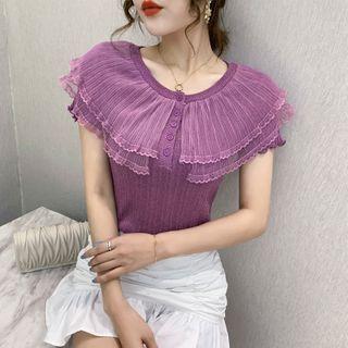 Ruffle Trim Mesh Panel Short-sleeve Top