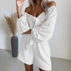 Set: Off-shoulder Tie-front Crop Top + Shorts