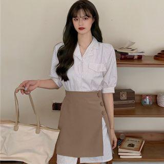 Short-sleeve Striped Shirt Dress / A-line Skirt