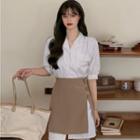 Short-sleeve Striped Shirt Dress / A-line Skirt