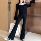 Long-sleeve Plain Crew-neck Open Back Top/plain High-waist Loose-fit Bell Bottom Jeans
