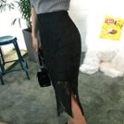 Slit-side Lace Midi Pencil Skirt