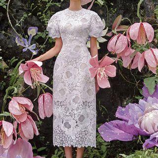 Short-sleeve Lace Midi A-line Party Dress