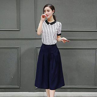 Set: Pinstriped Short-sleeve Top + Pleated Capri Wide-leg Pants