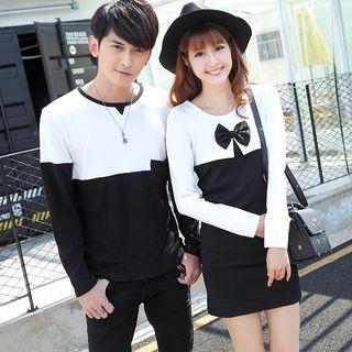 Couple Matching Two-tone Long-sleeve T-shirt / Bow T-shirt Dress
