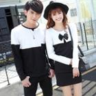 Couple Matching Two-tone Long-sleeve T-shirt / Bow T-shirt Dress