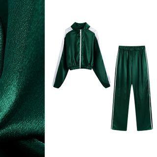 Color Block Zip Jacket / Elastic Waist Straight Leg Pants