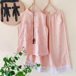 Contrast Trim Sleeveless Top / Lace Trim Wide-leg Pants