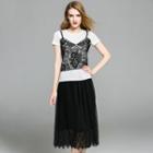 Set: Short-sleeve Panel T-shirt + Lace Mid Skirt