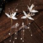 Wedding Set: Faux Pearl Leaf Headpiece + Fringed Earring 1 Pair - Headpiece & Clip On Earring - White & Gold - One Size