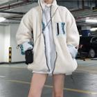 Fleece Zip Hooded Jacket Reversible - White & Beige - One Size