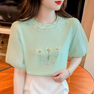 Puff-sleeve Flower Print T-shirt