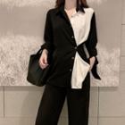 Long-sleeve Contrast Panel Shirt Black & White - One Size