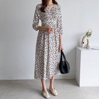 Pintuck-front Floral Long Dress