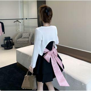 Plain Cardigan / Spaghetti Strap Bow Back Mini A-line Dress