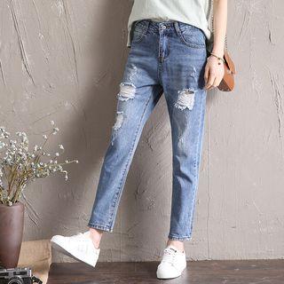 High-waist Cropped Ripped Jeans