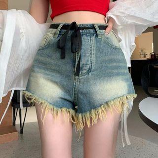 High-waist Tie-dye Frayed Denim Shorts