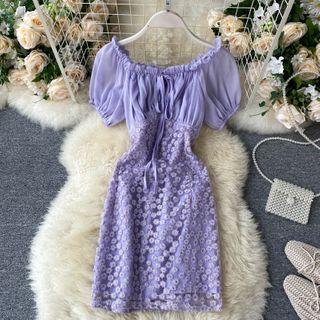 Off-shoulder Puff-sleeve Panel Lace Dress