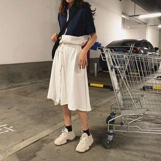 Two-tone Short-sleeve Collared Zip Dress
