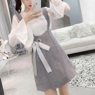 Set: Bell-sleeve Dotted Blouse + Suspender Mini Plaid Skirt