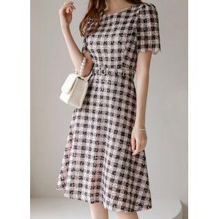 Belted Puff-sleeve Gingham Midi Lace Dress