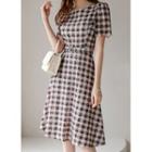 Belted Puff-sleeve Gingham Midi Lace Dress
