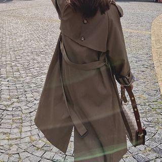 Plaid Sleeve Notch Lapel Trench Jacket