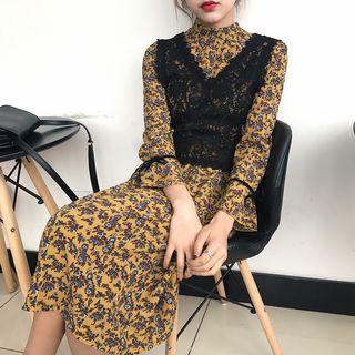 Set: Long Sleeve Frilled Trim Floral Dress + V-neck Lace Vest