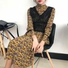Set: Long Sleeve Frilled Trim Floral Dress + V-neck Lace Vest