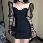 Puff-sleeve Mesh Panel Mini Bodycon Dress