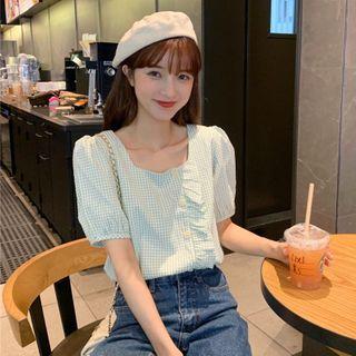 Plaid Frill Trim Button Accent Blouse