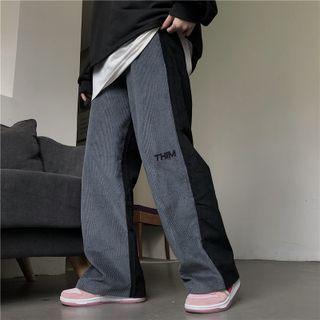 Lettering Embroidered Wide Leg Corduroy Pants
