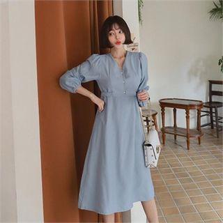 V-neck Puff Shoulder Midi Dress