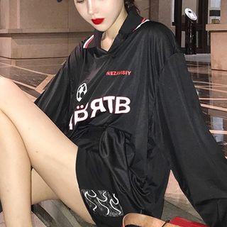 Long-sleeve Lettering Collared T-shirt
