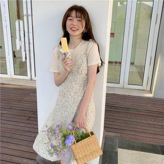 Short-sleeve Floral Mock Two Piece Dress