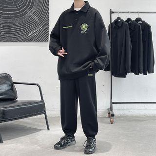 Set: Collared Lettering Sweatshirt + Sweatpants