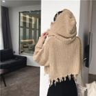 Cropped Fray-hem Hooded Zip Knit Jacket