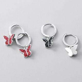 925 Sterling Silver Rhinestone Butterfly Hoop Earring