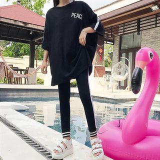 Contrast Trim Lettering Elbow Sleeve T-shirt / Contrast Trim Skinny Pants