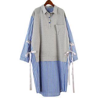 Long-sleeve Plaid Panel Long Polo Shirt