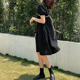 Contrast Trim Puff-sleeve Midi A-line Dress