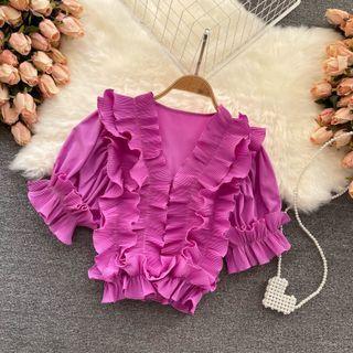 V-neck Ruffle Puff-sleeve Chiffon Top