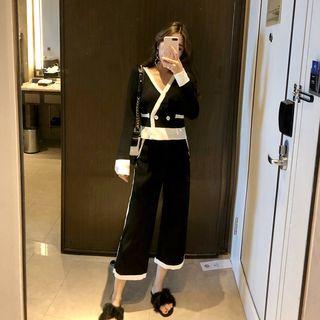 Set: Color Block Double Breasted Cardigan + Wide-leg Pants Black - One Size