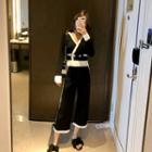 Set: Color Block Double Breasted Cardigan + Wide-leg Pants Black - One Size
