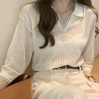 Elbow-sleeve Polo Collar Knit Cutout Top