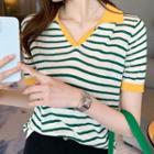Contrast Collar Striped Knit Top Yellow - One Size