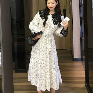 Long-sleeve Crochet Lace Panel Midi A-line Dress