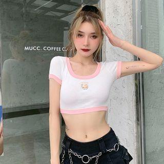 Contrast Trim Cartoon Embroidered Cropped T-shirt