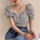 Puff-sleeve Shirred Plaid Blouse As Shown In Figure - One Size